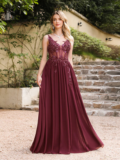 Dusty Pink Sheer Evening Dresses Lace Applique Spaghetti Straps V-Neck Backless Prom Dress Chiffon A-Line 2025 Formal Party Gown