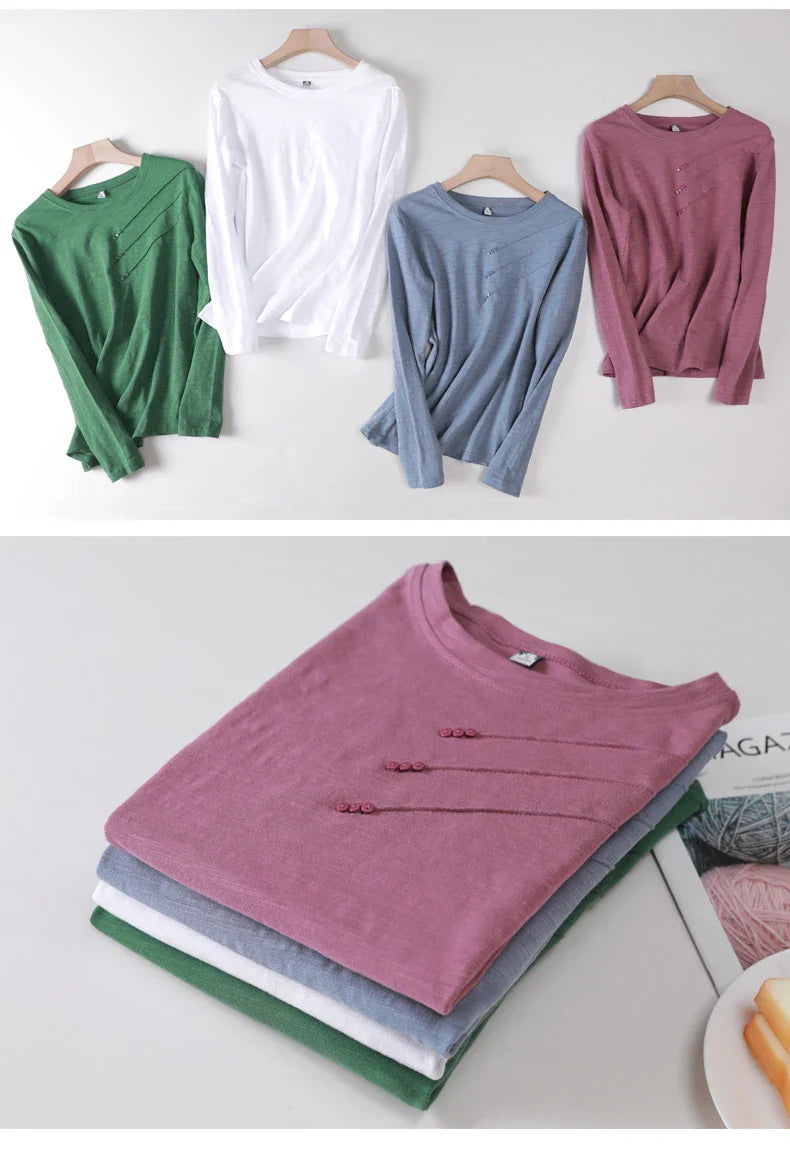 Summer Women Ribbed Cotton Tee-Shirts Female Button Loose Casual Fashion T-shirts 2026 Long Sleeve O-Neck Korea Tops