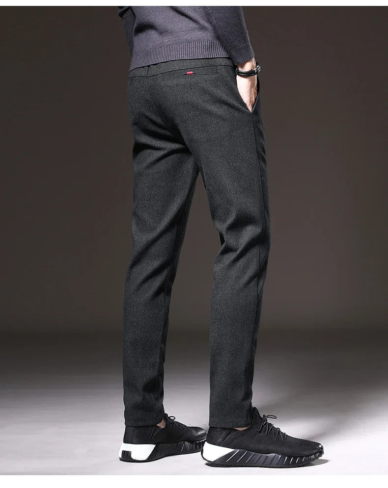Autumn Winter Thick Men's Casual Pants Brushed Fabric Straight Slim Business Fashion Trousers Stretch Korean Male Clothing