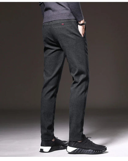 Autumn Winter Thick Men's Casual Pants Brushed Fabric Straight Slim Business Fashion Trousers Stretch Korean Male Clothing
