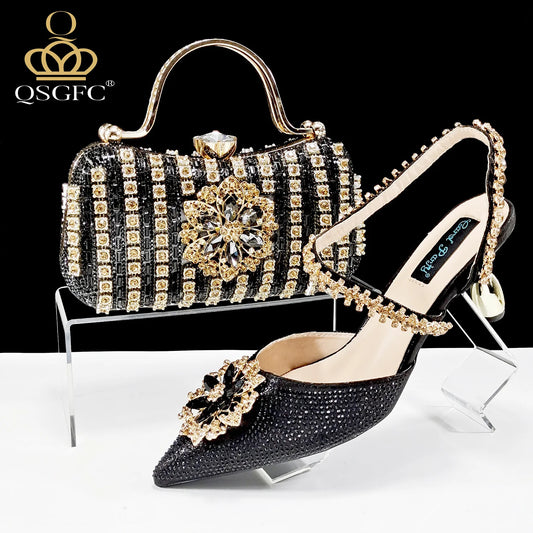Italian Design Rhinestone-encrusted Ladies Party Women Shoes And Bag  Nigeria Gold Mini Bag Women High Heels