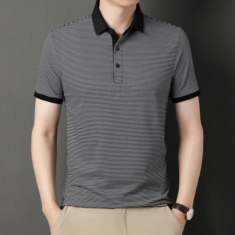 2024 Men's New Striped Cotton Business Casual Short Sleeved POLO Shirt Fashion Short Sleeved Comfortable and Breathable Top