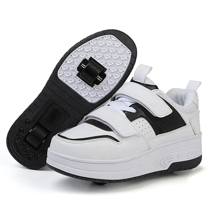 Autumn 2025 Kids Walking Shoes Detachable Double Wheel Roller Skates Boy Leather Student Shoe Four Wheeled Children Shoes Girl