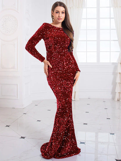 Romagic Women Modest Stretch Sequin O Neck Evening Prom Gown Party Long Dresses Full Sleeved Mermaid Formal Dinner Elegant Dress