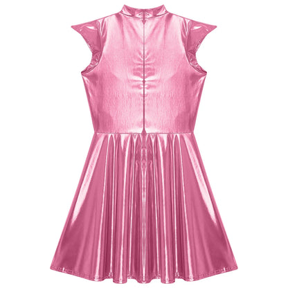 Womens Cocktail Dress Shiny Metallic Dress Alien Space Cap Sleeve High Waist A-line Dress for Halloween Party High Street Dress