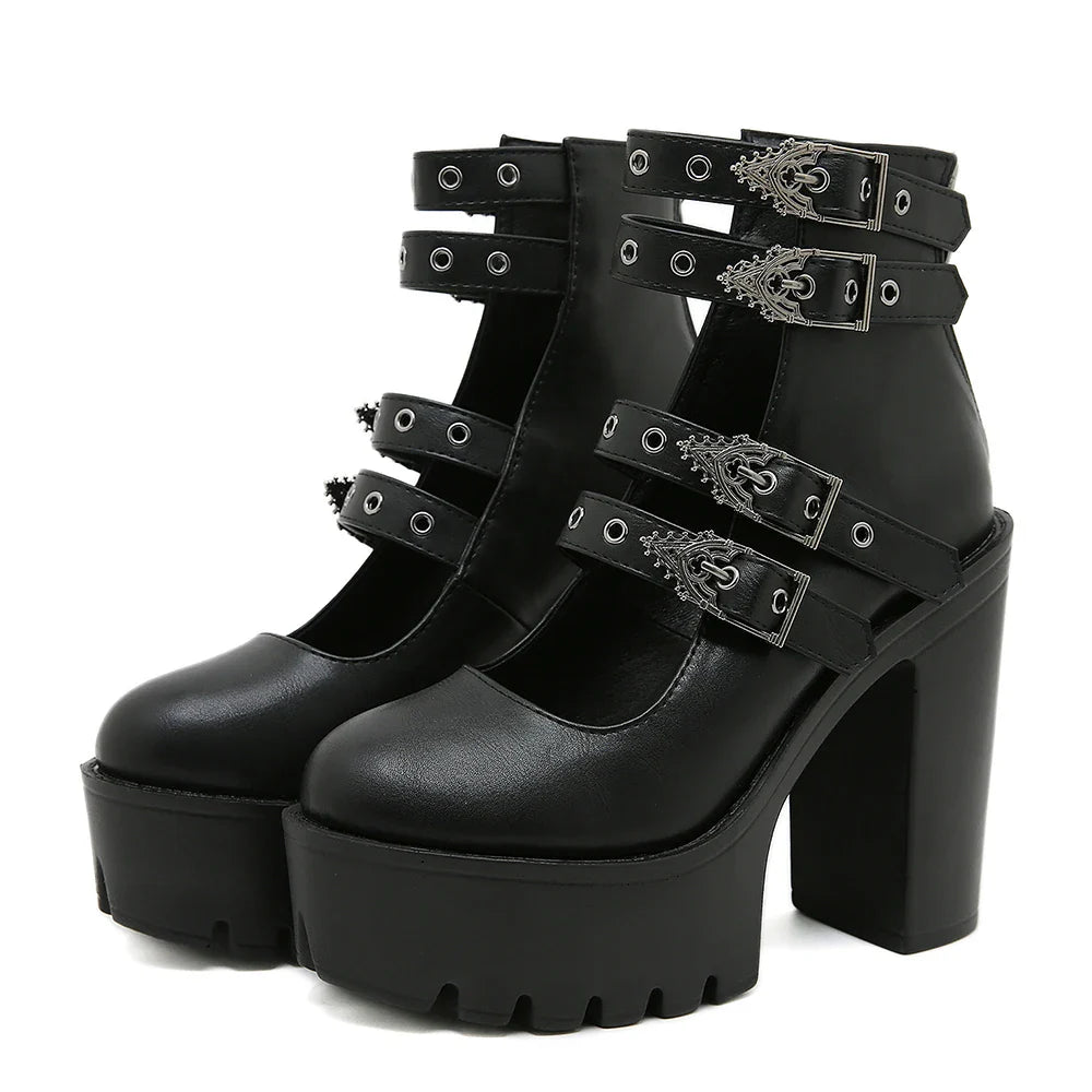 Goth Style Women Block Heels for Halloween Fashion Buckle Strap Dress Pumps Platform Mary Jane Shoes Stylish Back Zipper