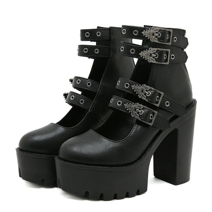 Goth Style Women Block Heels for Halloween Fashion Buckle Strap Dress Pumps Platform Mary Jane Shoes Stylish Back Zipper