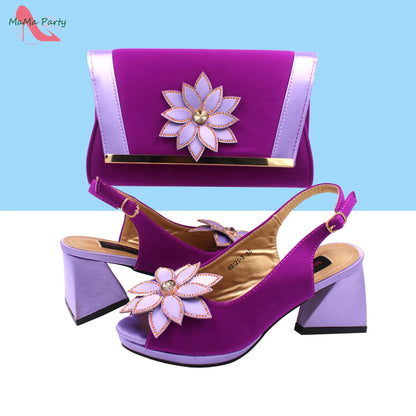 Design Italian Women Shoes and Bag Set in Green Color High Quality Comfortable Heels with Appliques for Wedding