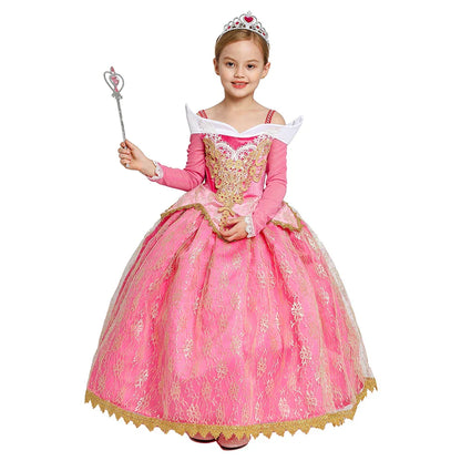 Luxury Girls Princess Costume Ball Gown Dress Fancy Birthday Carnival Party Off Shoulder Golden Applique Children Outfits Dress