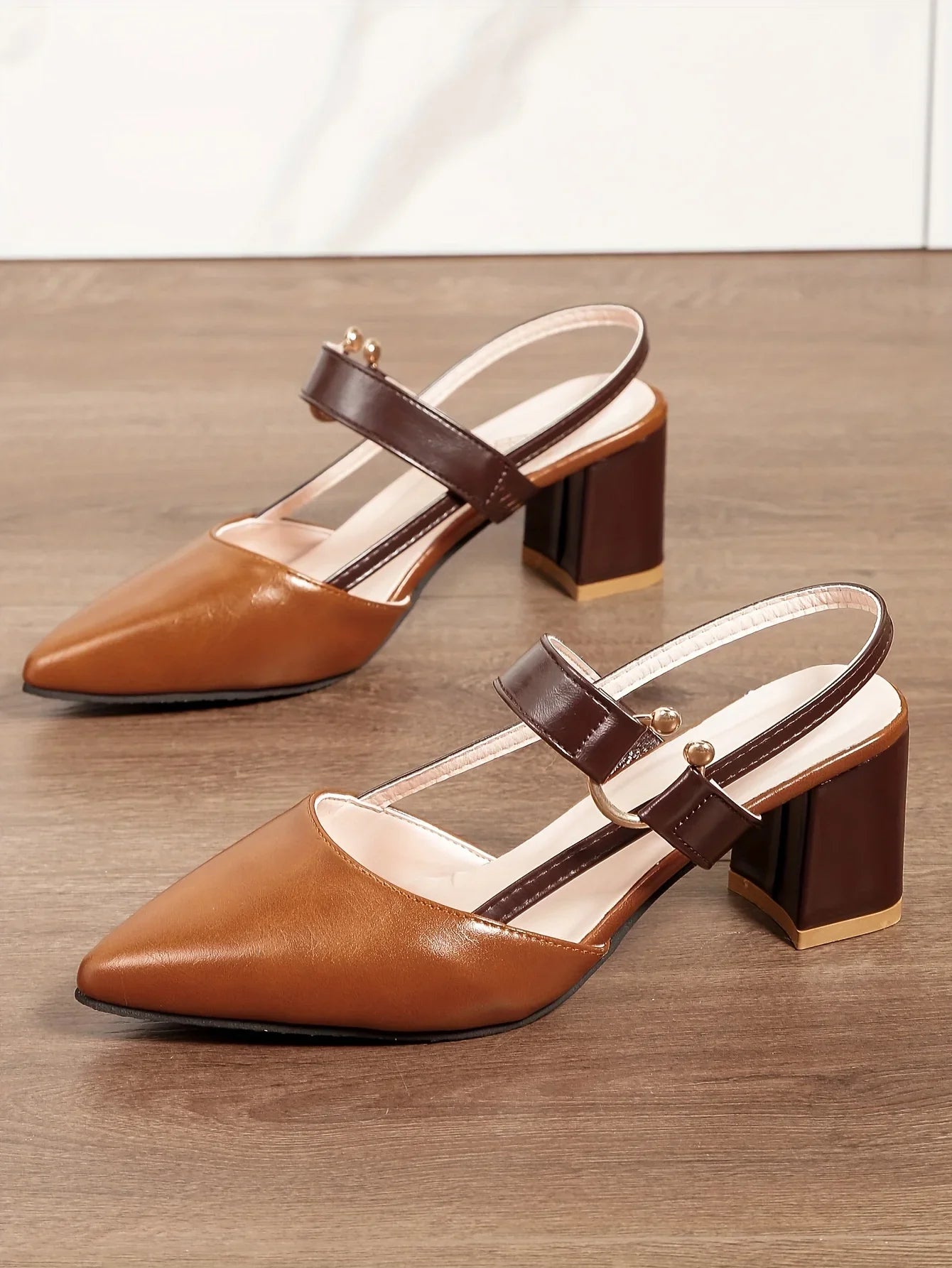 Women's Pointed Toe Block High Heel Sandals, Fashion Solid Color Slingback Shoes, Versatile Mid Heels