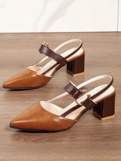 Women's Pointed Toe Block High Heel Sandals, Fashion Solid Color Slingback Shoes, Versatile Mid Heels
