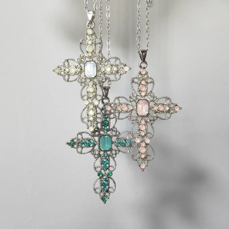 Gothic Big Zircon Cross Necklace Unisex Y2K Irregular Goth Large Cross Pendant Necklaces  for Men Women Couple Necklace Jewelry