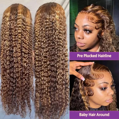 4/27 32 Inch Highlight Honey Brown Curly Lace Front Human Hair Wigs 13x6 Ombre Colored Deep Wave Lace Frontal Wigs Women ﻿