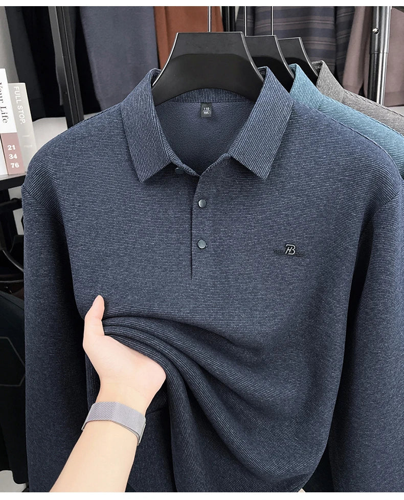 Fashion brand men's long sleeve polo shirt soft plush warm comfort new letter embossed solid color business casual lapel T-shirt