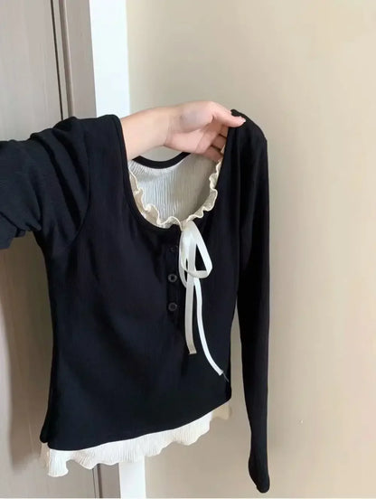 2026 Summer Kawaii Sweet Y2k Crop Tops Woman Casual Slim Long Sleeve Blouse Solid Korean Fashion Bodycon Pullover Office Lady