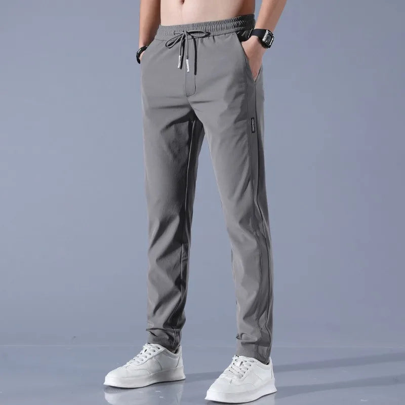 2024 new Men's Ice Silk Trousers Solid Color Mid-Waist Loose Breathable Straight-Leg Casual Pants Thin Quick-Drying Sports Pants