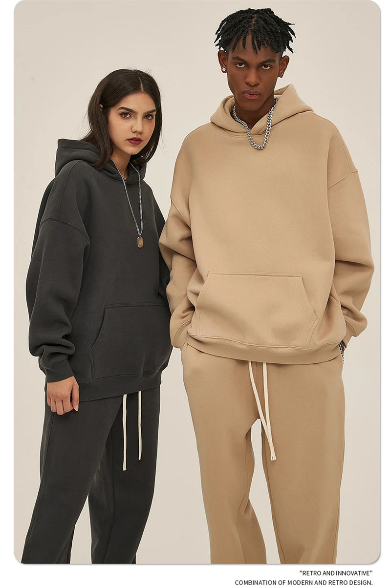Thick 350gsm Fleece Hooded Hoodies For Men Unisex Winter Oversized Loose Basic Solid Sweatshirts Pullovers Coats HY0631