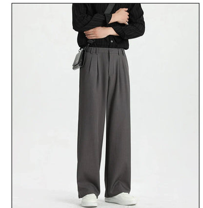 Spring New Loose Straight Pants Men Elastic Waist Double Pleats Wide Legs Casual Drape Fashionable Anti-wrinkle Trousers