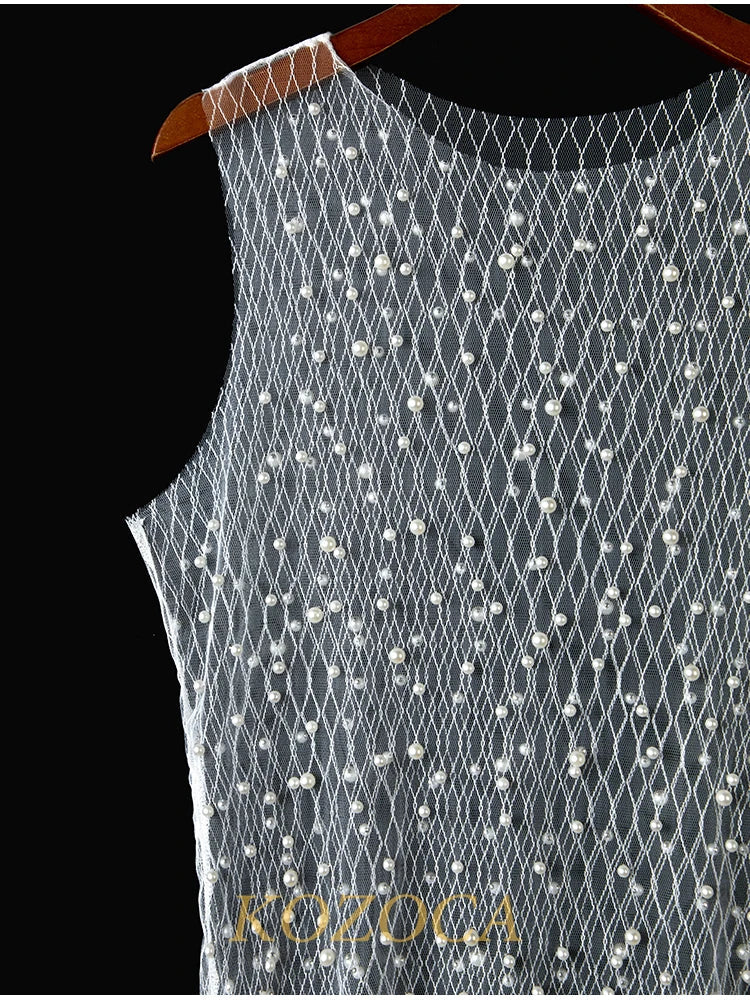 Pearl Tops Club Party Sexy See Through Hollow Tees Chic Beach Bikini Cover Up Female Fashion Unique White Tank Top Women