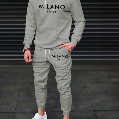 Men's Autumn/Winter Casual Warm MILANO ITALY Letter Printed Loose Thick Velvet Sports Hoodie+Sweatpants Set