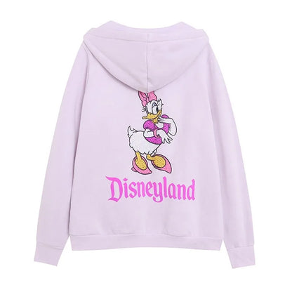 Donald Duck Letter Diamonds Fleece Sweatshirt Jacket Unisex Women Hooded Zip Up Jumper Tops