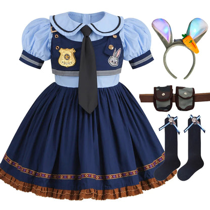 Judy Cosplay Costume Kids Carnival Party Dress Girls Tie Headdress Belt Socks Sets Police Role Play Movie Uniform Birthday Gift