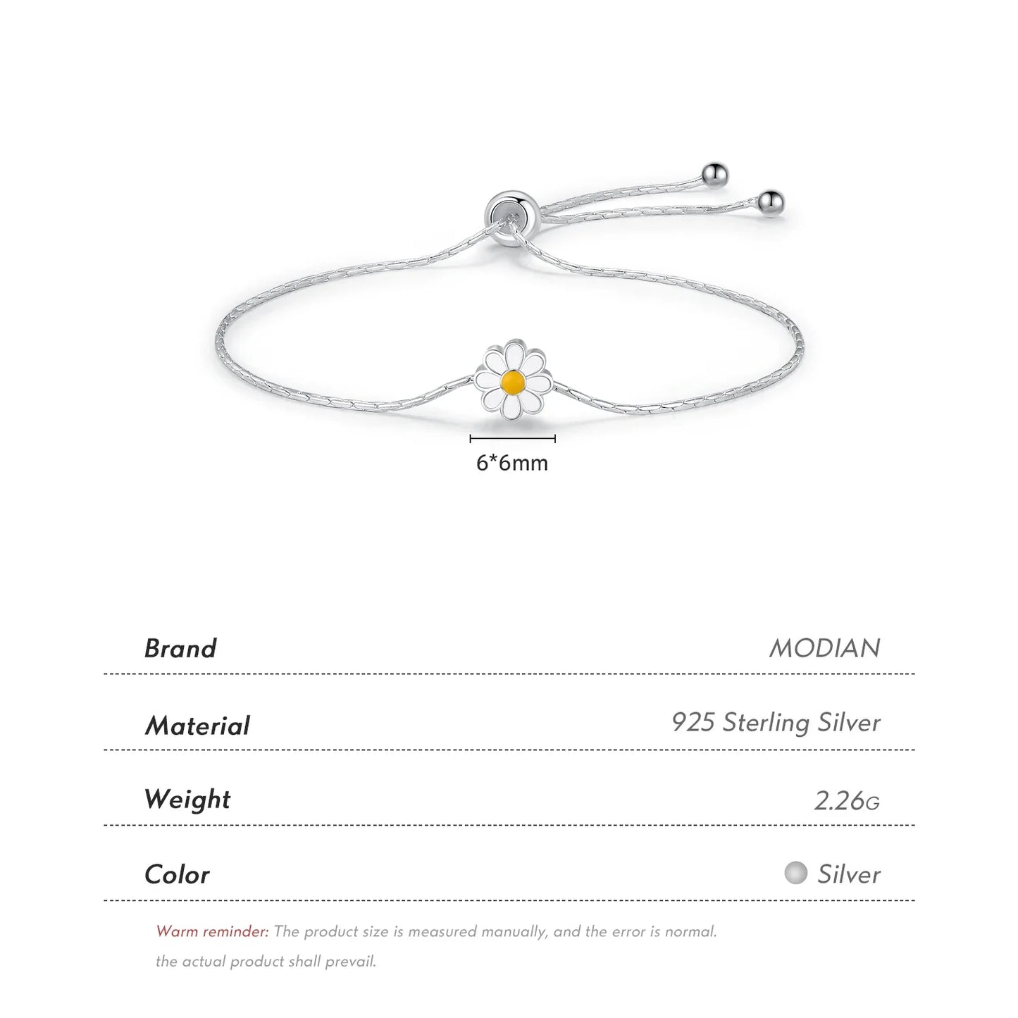 925 Sterling Silver Exquisite Enamel Daisy Flowers Bracelet Trendy Adjustable Snake Chain For Women Valentine’s Day Gifts