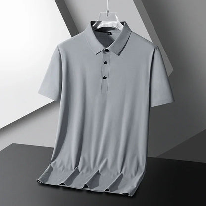 Summer Ice Silk Polo Shirt High-End T-Shirt Solid Color New Half Sleeve Non-Marking Casual Lapels Business Thin Menswear 2025