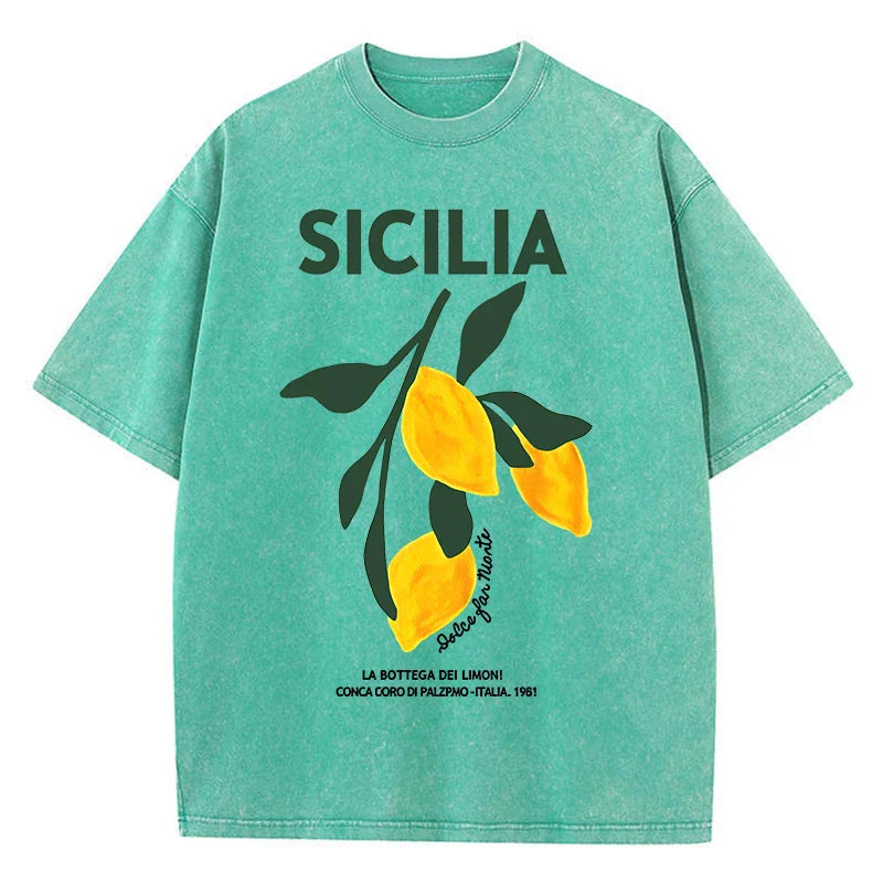Lemon Fruit Design Women Washed T-Shirts Y2K Casual T Shirt Summer Hip Hop Top Cotton Loose Short Sleeve