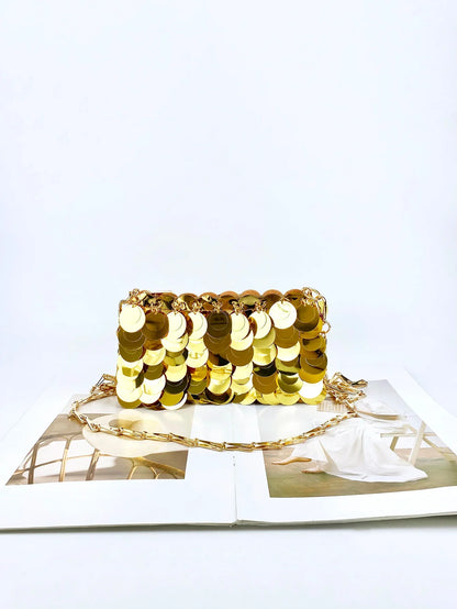 Trendy and cool gold glitter chain, women's fashionable and simple texture, horizontal square bag, personalized bag