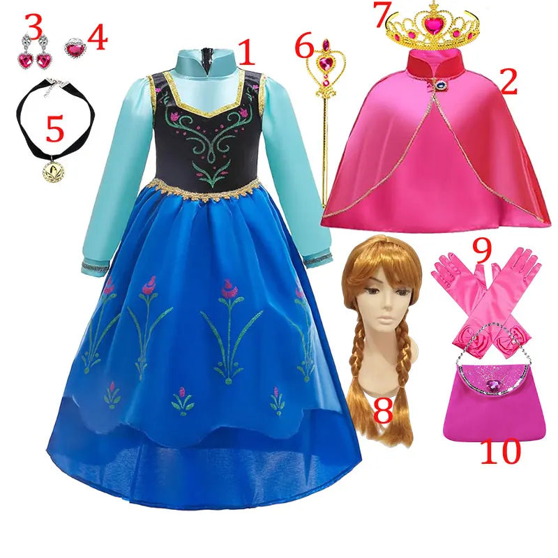 Elsa Princess Floral Frock with Cape Elsa Younger Sister Anna Disguise Dress Cosplay Party Snow Queen Cute Girl Carnival Outfit