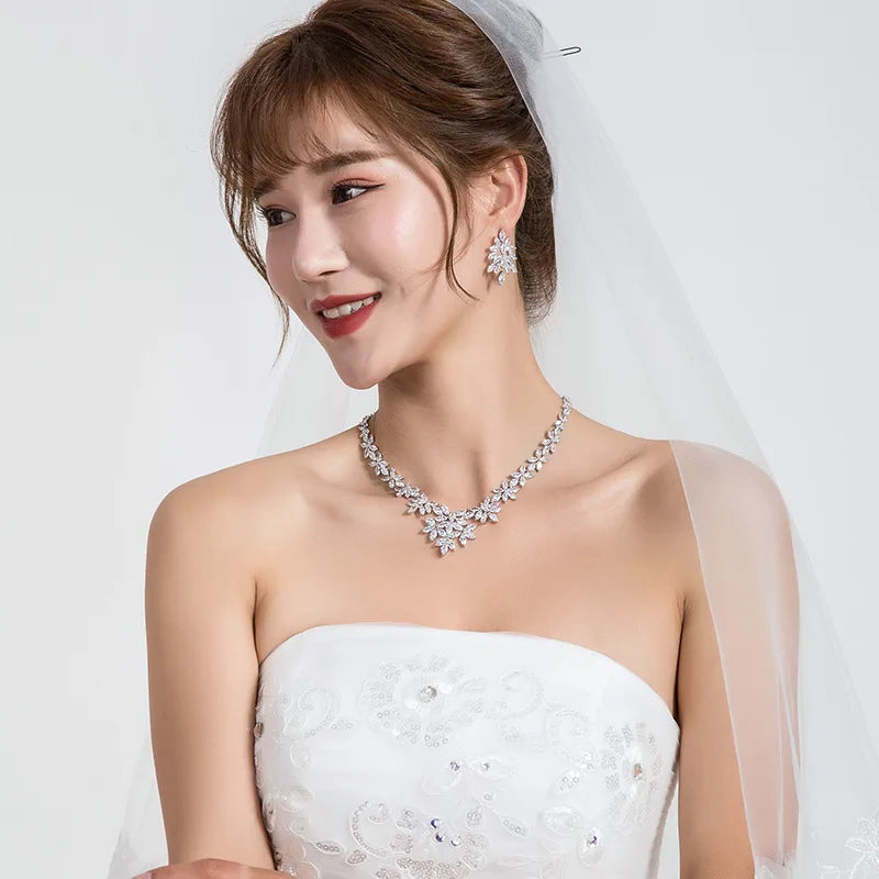 Brand Luxury Marquise Cut Cubic Zirconia Cluster Wedding Necklace and Earring Bridal Jewelry Set