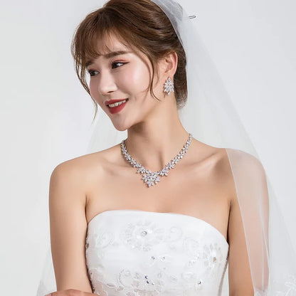 Brand Luxury Marquise Cut Cubic Zirconia Cluster Wedding Necklace and Earring Bridal Jewelry Set