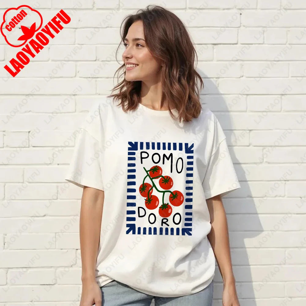 Vintage Italian Tomato Cotton Graphic Tshirt Summer Shirt Women Top Italy Vacation Aesthetic Tomato Girl Market Style