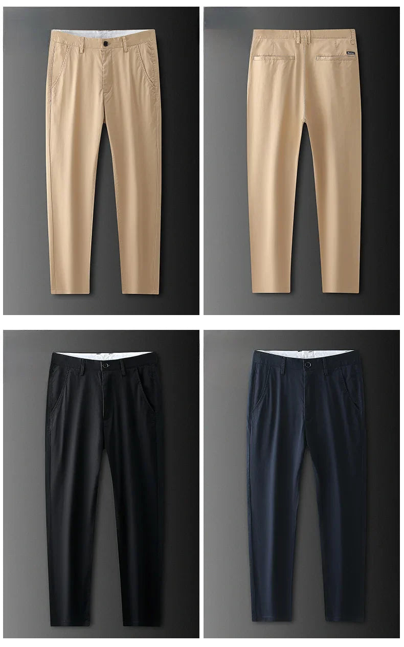 New Men's Business Cotton Thin Straight Pants Casual Elastic Slim Comfortable Male Brand Trousers Black Gray Khaki Royal Blue