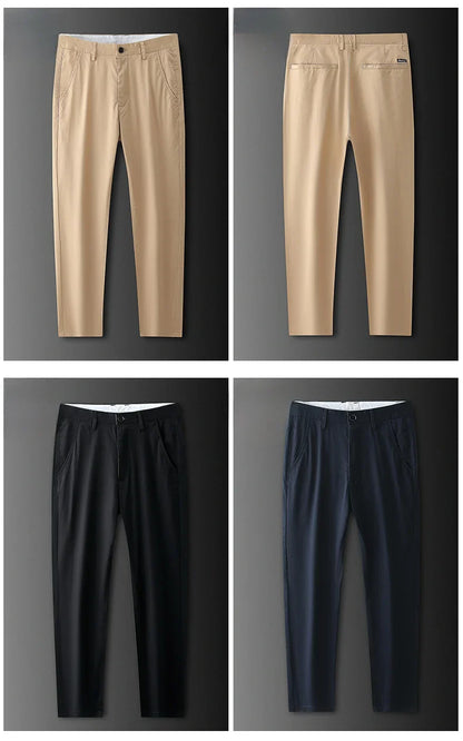 New Men's Business Cotton Thin Straight Pants Casual Elastic Slim Comfortable Male Brand Trousers Black Gray Khaki Royal Blue