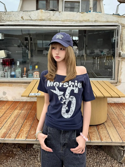 Y2k Sport Summer Off shoulder Top Women Sexy Vintage 2000s Short sleeve T shirt Lady Body Basic Crop Top Female Casual