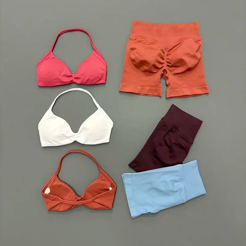 2 Piece Gym Sets Woman Sports Strappy Bra Seamless Set Quick Dry Fitness Squat Proof Shorts Sportswear Running Workout Suit
