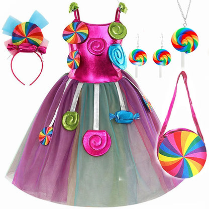 New Sweet Lollipop Candy Girl Dress Carnival Party Little Kids Birthday Costume Fancy Rainbow Tutu Children Wedding Clothes