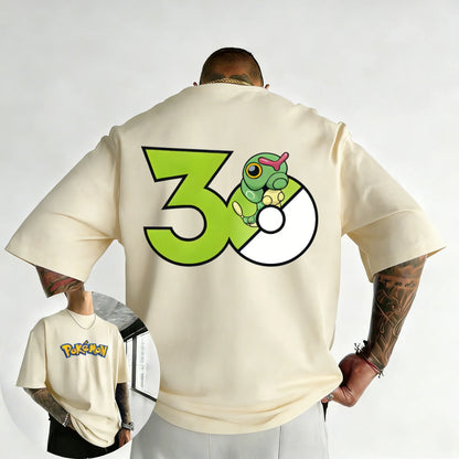 30th Anniversary Caterpie Printed T-shirt Summer New Men's and Women's Loose Casual Hip Hop Trendy Short Sleeve Top