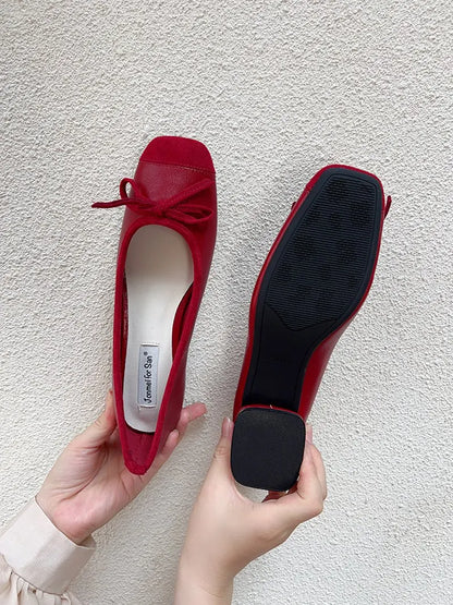 Fashion Elegant Red Ballerinas Women Pumps Slip on Loafers Round Toe Square Heels Bowknot Casual Spring Autumn Low Heel Shoes