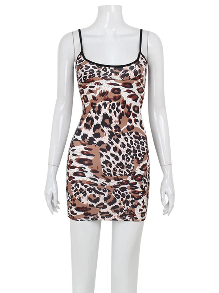 Fashion Sexy Summer Leopard Printed Women Dresses Backless Streetwear Regular Casual Camisole Strapless Skinny Vestidos Robes