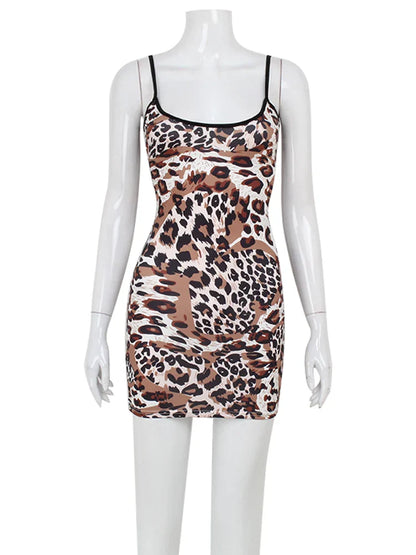 Fashion Sexy Summer Leopard Printed Women Dresses Backless Streetwear Regular Casual Camisole Strapless Skinny Vestidos Robes