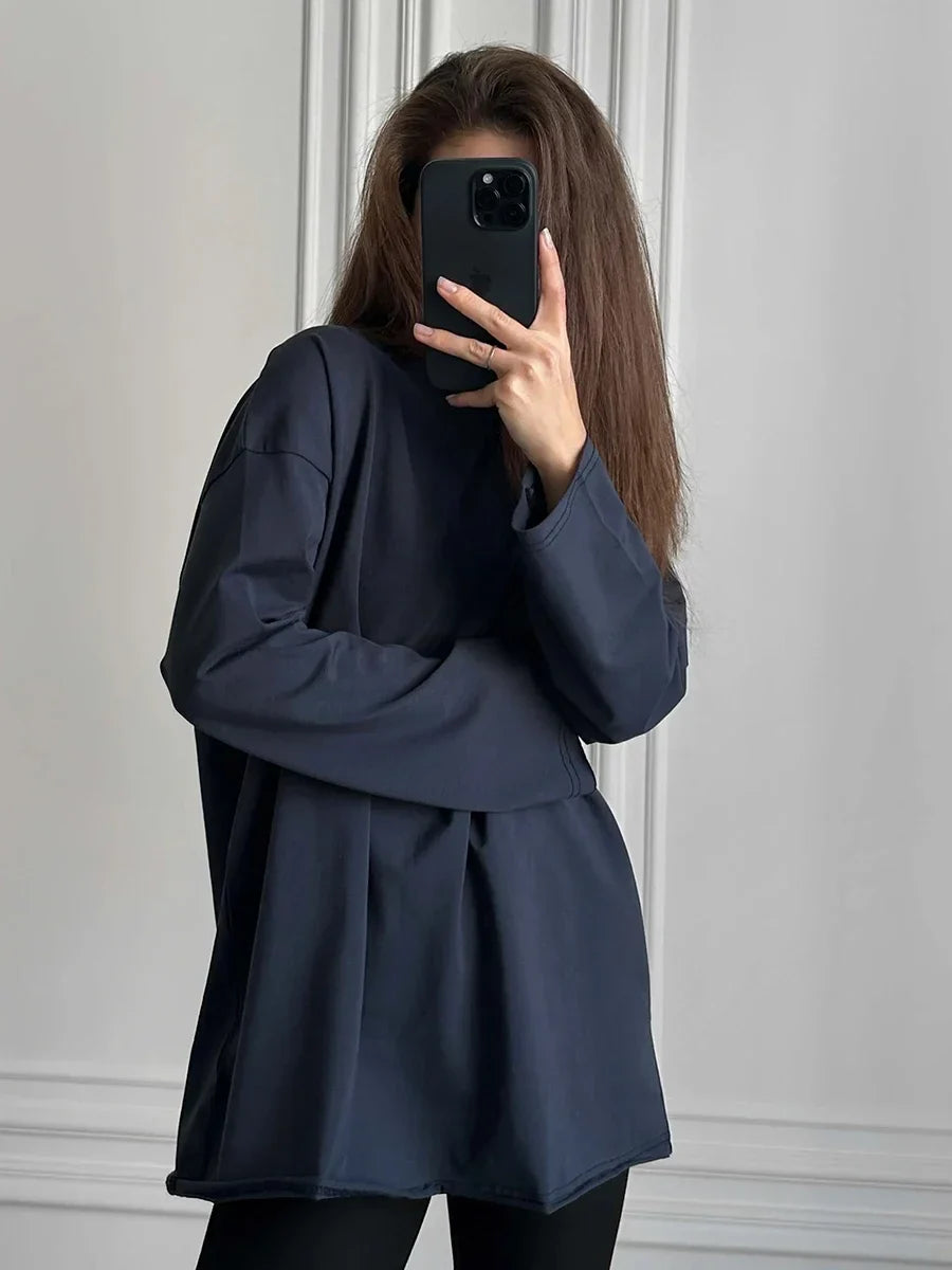 Women Summer 100% Cotton T-shirt Bottoming Spring Basic Fashionable Solid Lady Long Sleeve Loose Tops Shirts