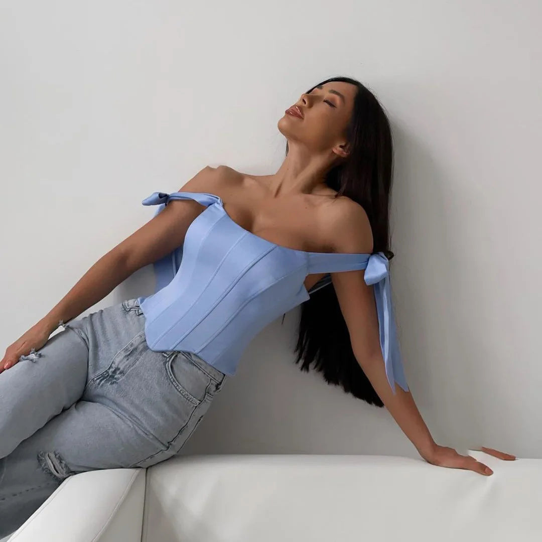 Bandage White Corset Top Women Elegant Black Satin Bustier Fishbone Zip Sexy Sleeveless Streetwear Fashion Summer Blue Clothes