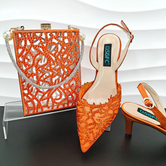 Beautiful Orange Coral-like Hollow With The Same Color Small Rhinestone Decoration Party Ladies Shoes And Bag
