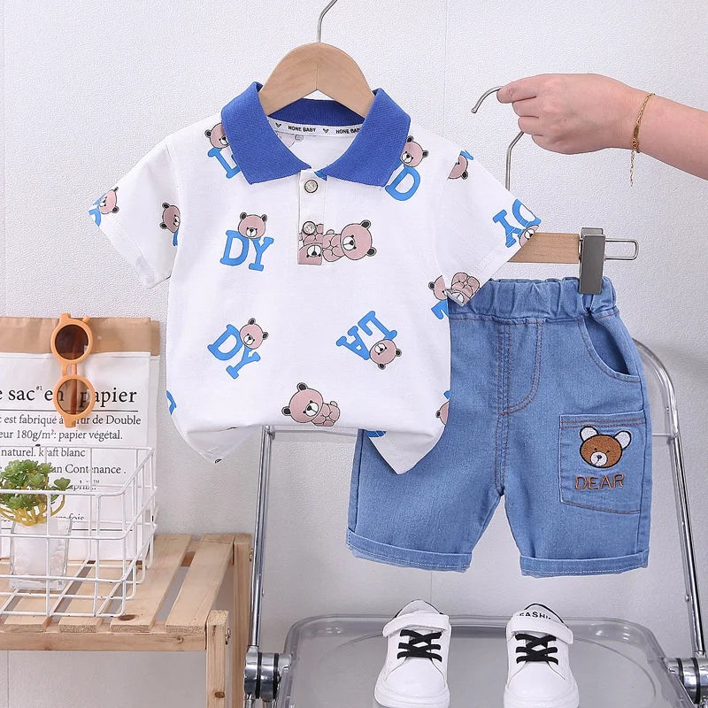 Summer Kids Baby Boys Cartoon Bear Suits Short Sleeve T-Shirt Shorts Casual Clothes Outfit Girls Clothing 2PCS/Set