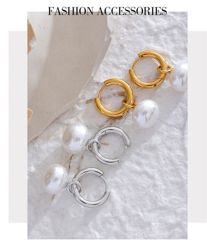High Quality Imitation Pearls Drop Stainless Steel Golden Korean Hoop Earrings Charms Fashion Jewelry Bijoux Femme Gift