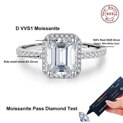 1ct 2ct Moissanite Ring for Women Emerald Radiant Cut Lab Diamond Rings Sterling Silver 925 with Gold Plated Wedding Band