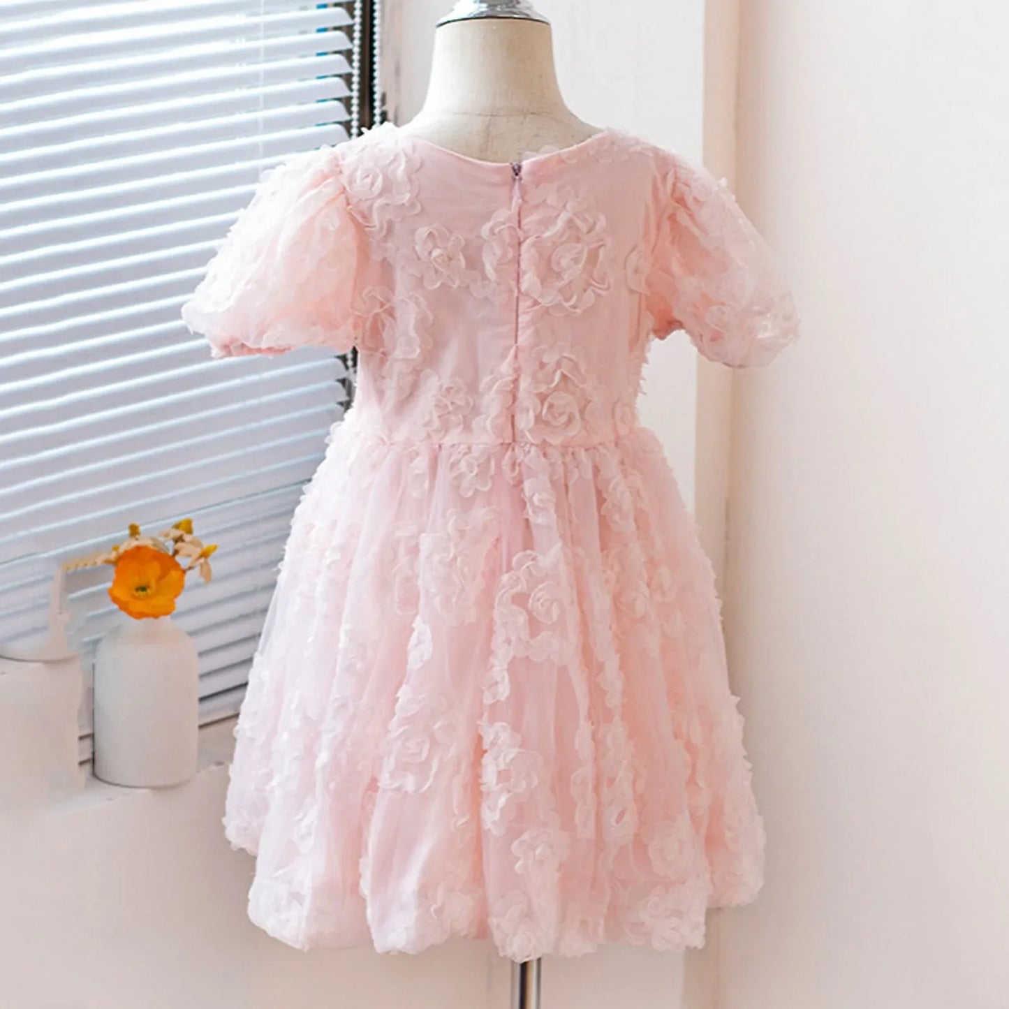 New Summer Teenager Girl Dress Solid Color Short Puff Sleeves Square Collar 3D Flower Sequined Baby Princess Dresses 2025